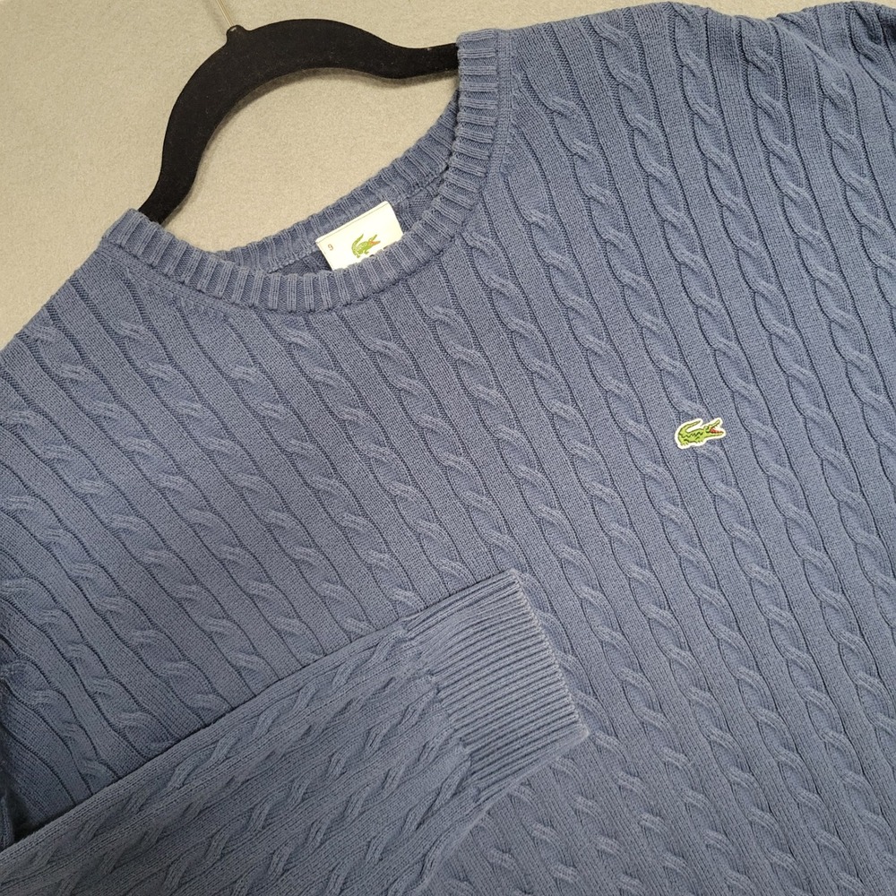 Lacoste Mens Blue Cable Knit Crew Neck Sweater Sz 9 4XL Embroidered Logo Cotton